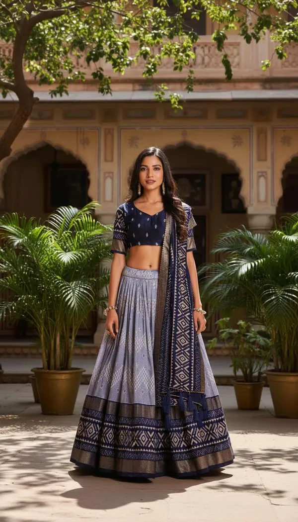 Navy_Blue_Dola_Silk_Patola_Print_Gotta_Patti_Lehenga_Choli_For_Women