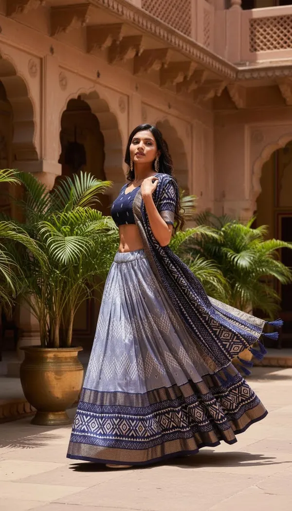 Navy_Blue_Dola_Silk_Patola_Print_Gotta_Patti_Lehenga_Choli_For_Women