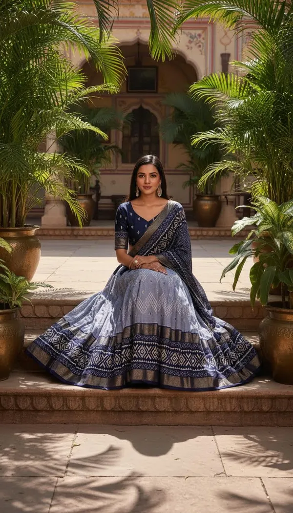 Navy_Blue_Dola_Silk_Patola_Print_Gotta_Patti_Lehenga_Choli_For_Women