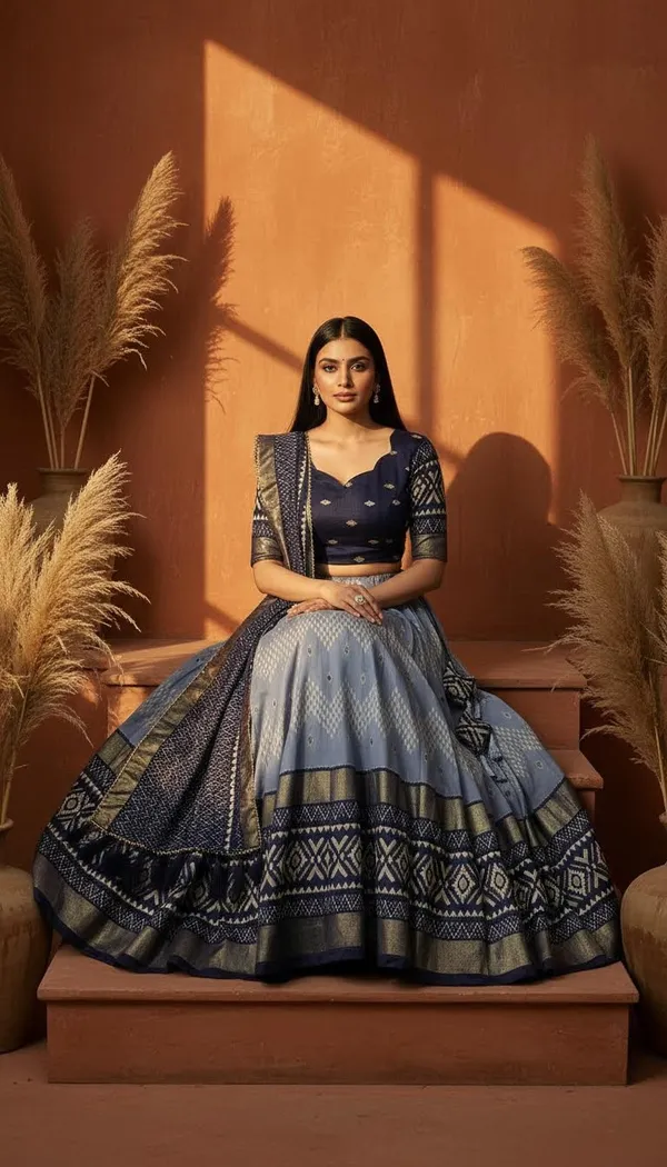 Navy_Blue_Dola_Silk_Patola_Foil_Print_Lehenga_Choli_For_Women