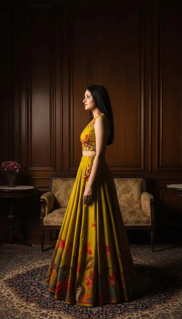 Mustard_Dola_Silk_Foil_Print_Lehenga_Choli_For_Women