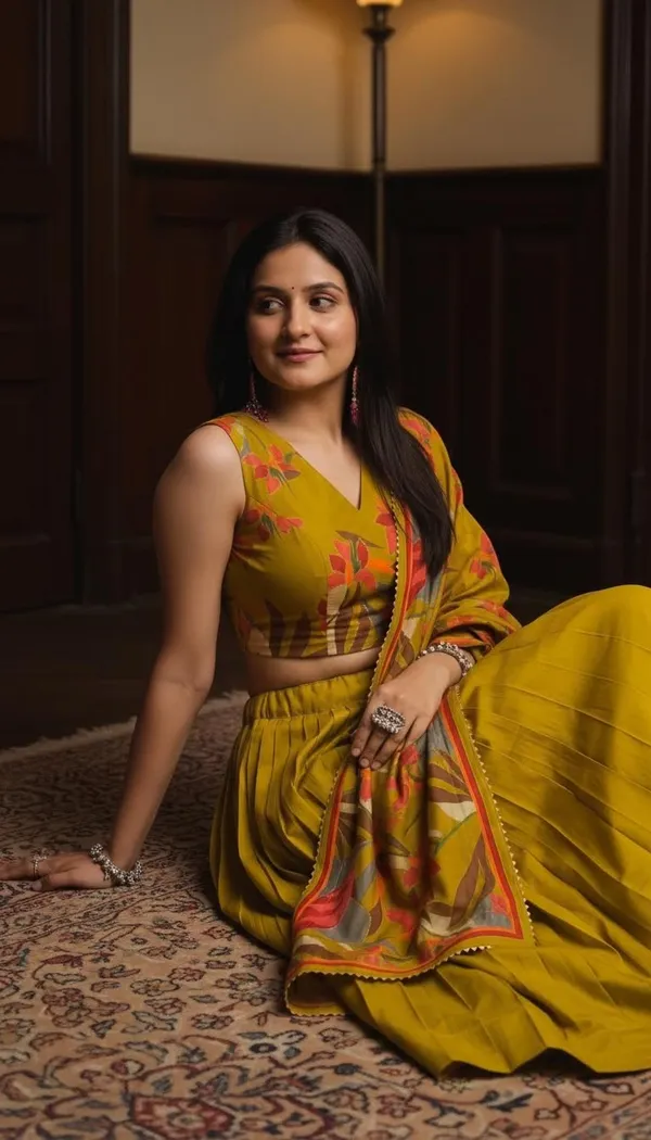 Mustard_Dola_Silk_Foil_Print_Lehenga_Choli_For_Women