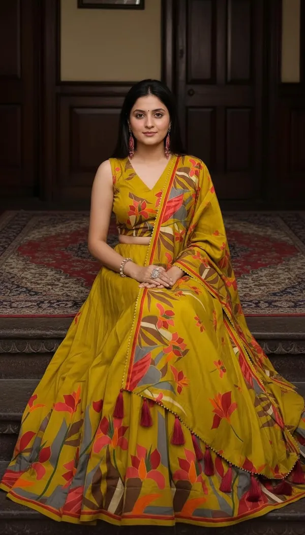 Mustard_Dola_Silk_Foil_Print_Lehenga_Choli_For_Women