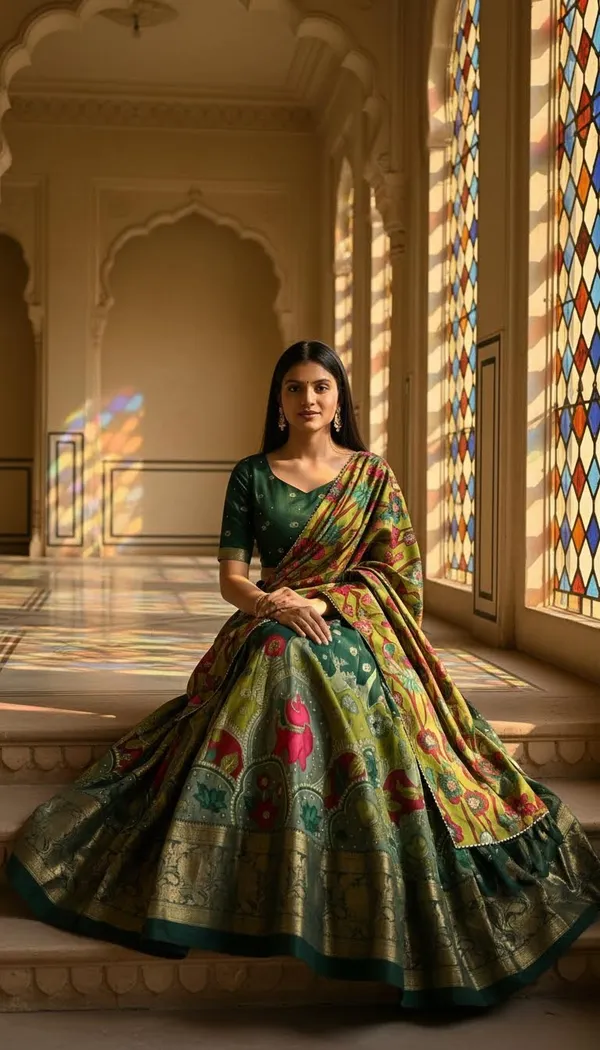 Green_Dola_Silk_Patola_Foil_Print_Lehenga_Choli_For_Women