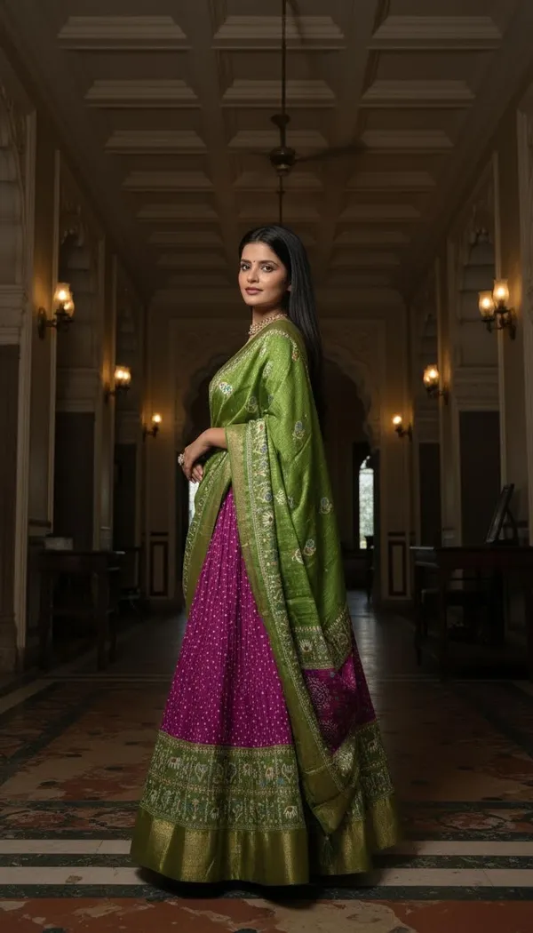 Wine_Lichi_Fabric_Jacquard_Jari_Print_Lehenga_Choli_For_Women
