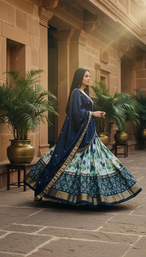 Navy_Blue_Dola_Silk_Patola_Foil_Print_Lehenga_Choli_For_Women