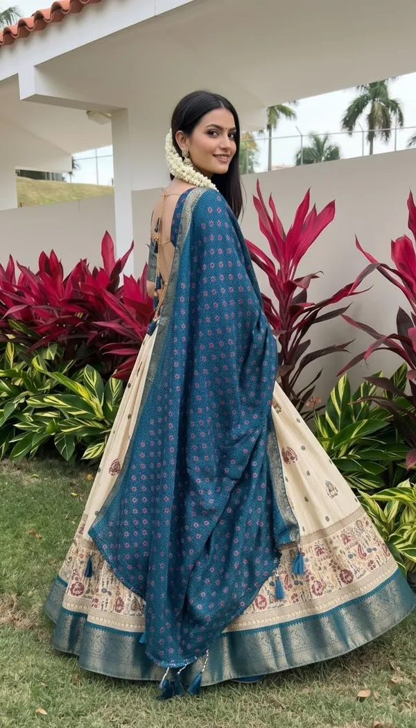 Blue_Lichi_Fabric_Jacquard_Jari_Print_Lehenga_Choli_For_Women