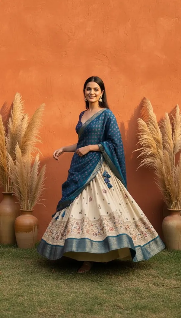 Blue_Lichi_Fabric_Jacquard_Jari_Print_Lehenga_Choli_For_Women