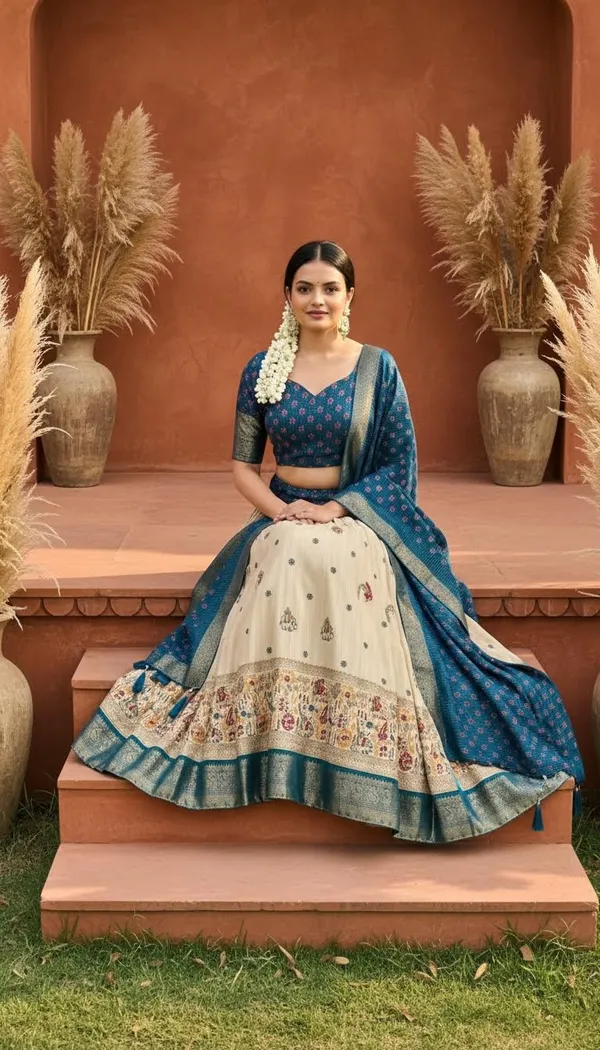 Blue_Lichi_Fabric_Jacquard_Jari_Print_Lehenga_Choli_For_Women