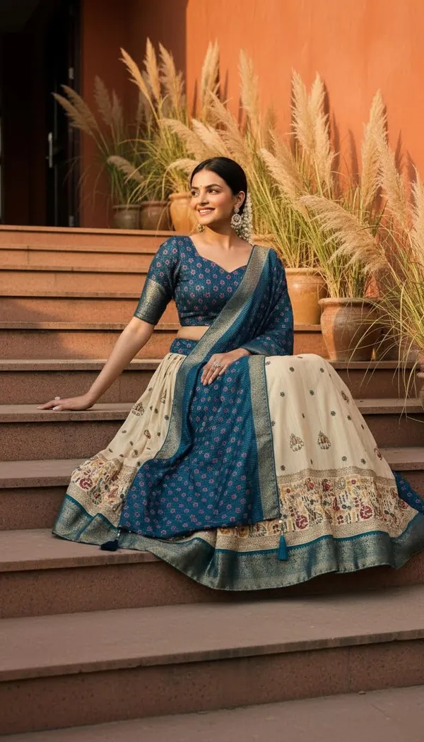 Blue_Lichi_Fabric_Jacquard_Jari_Print_Lehenga_Choli_For_Women