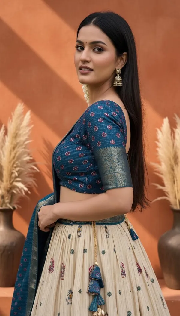 Blue_Lichi_Fabric_Jacquard_Jari_Print_Lehenga_Choli_For_Women