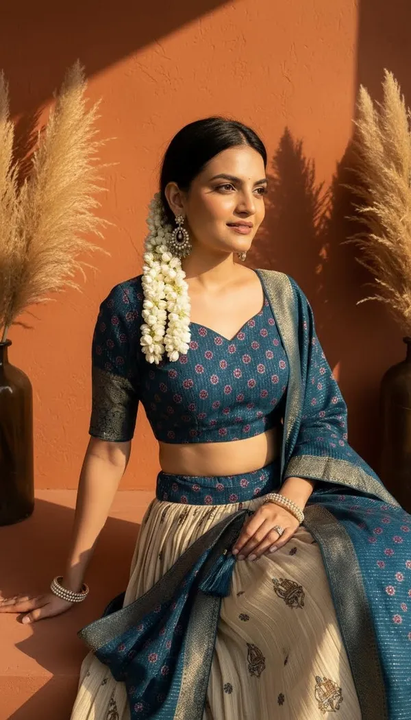 Blue_Lichi_Fabric_Jacquard_Jari_Print_Lehenga_Choli_For_Women