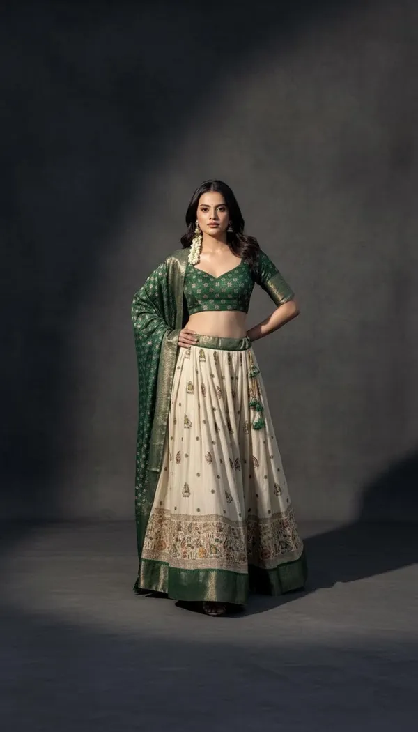 Green_Lichi_Fabric_Jacquard_Jari_Print_Lehenga_Choli_For_Women