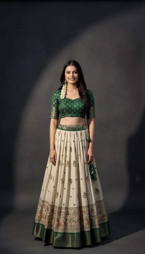 Green_Lichi_Fabric_Jacquard_Jari_Print_Lehenga_Choli_For_Women