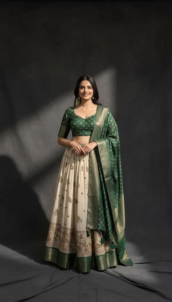 Green_Lichi_Fabric_Jacquard_Jari_Print_Lehenga_Choli_For_Women