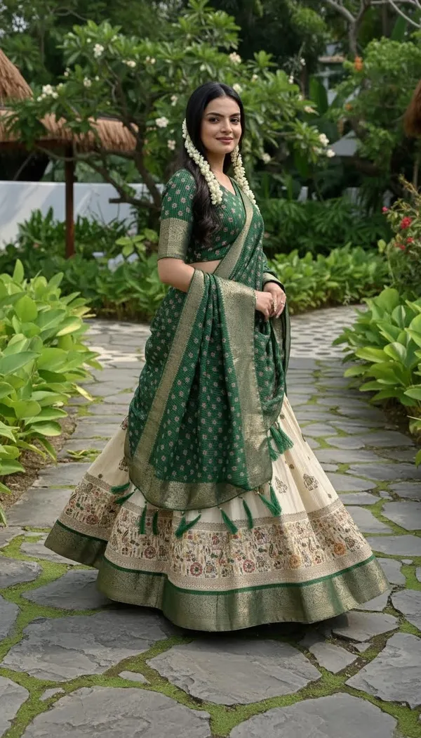 Green_Lichi_Fabric_Jacquard_Jari_Print_Lehenga_Choli_For_Women