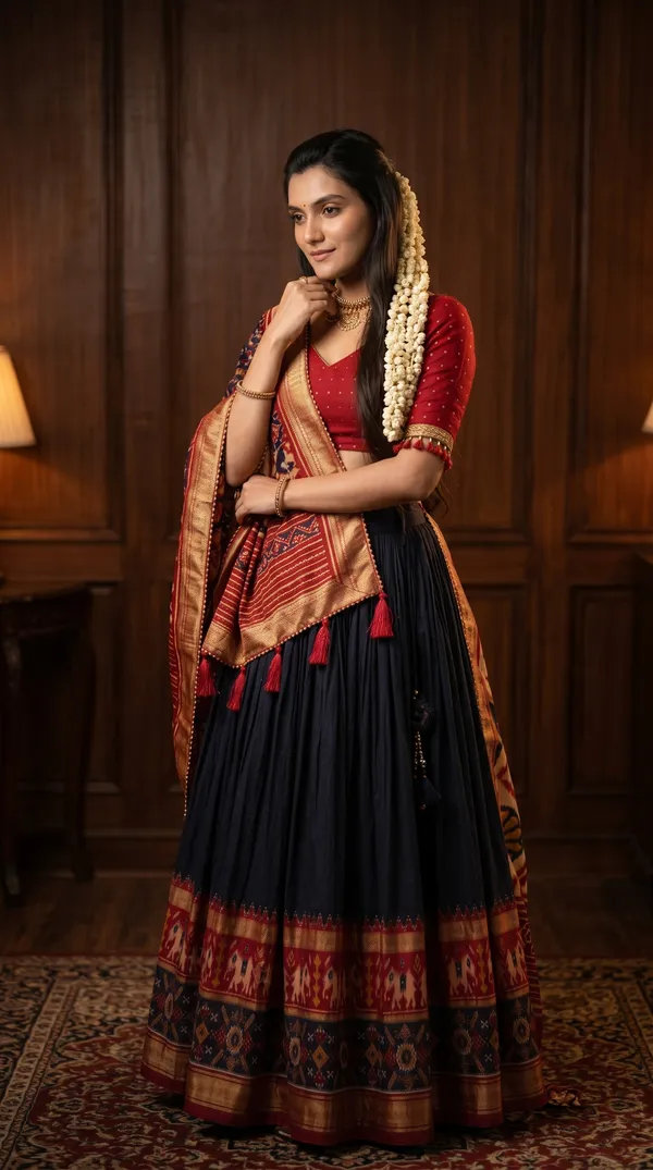 Navy_Blue_Dola_Silk_Patola_Print_Foil_Work_Lehenga_Choli_For_Women