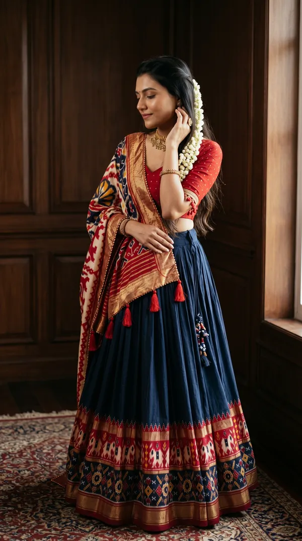 Navy_Blue_Dola_Silk_Patola_Print_Foil_Work_Lehenga_Choli_For_Women