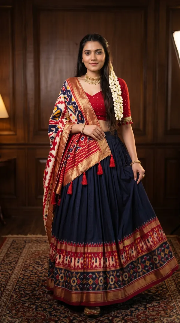 Navy_Blue_Dola_Silk_Patola_Print_Foil_Work_Lehenga_Choli_For_Women