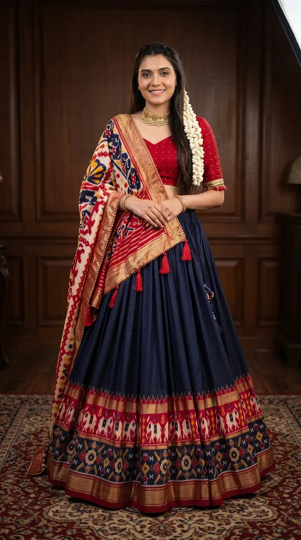 Navy_Blue_Dola_Silk_Patola_Print_Foil_Work_Lehenga_Choli_For_Women