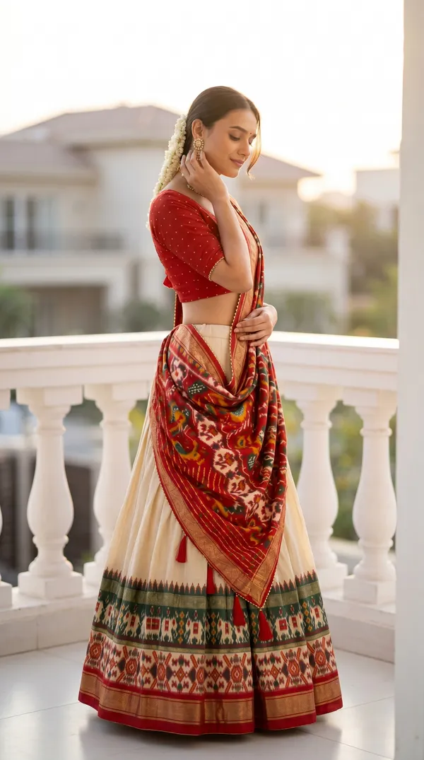 White_Dola_Silk_Patola_Print_Foil_Work_Lehenga_Choli_For_Women
