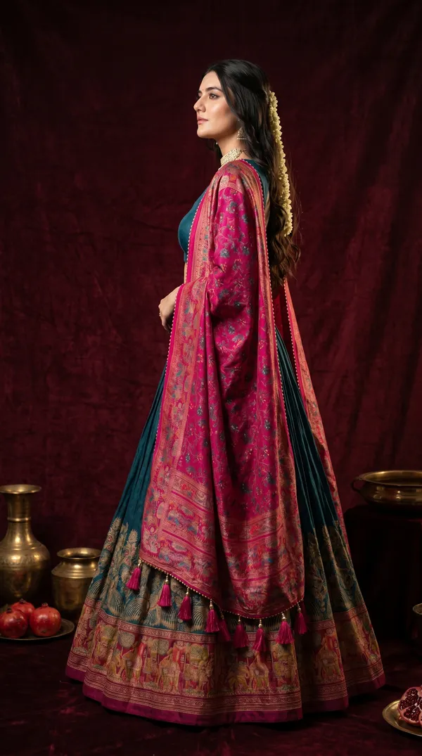 Navy_Blue_Dola_Silk_Patola_Print_Foil_Work_Lehenga_Choli_For_Women