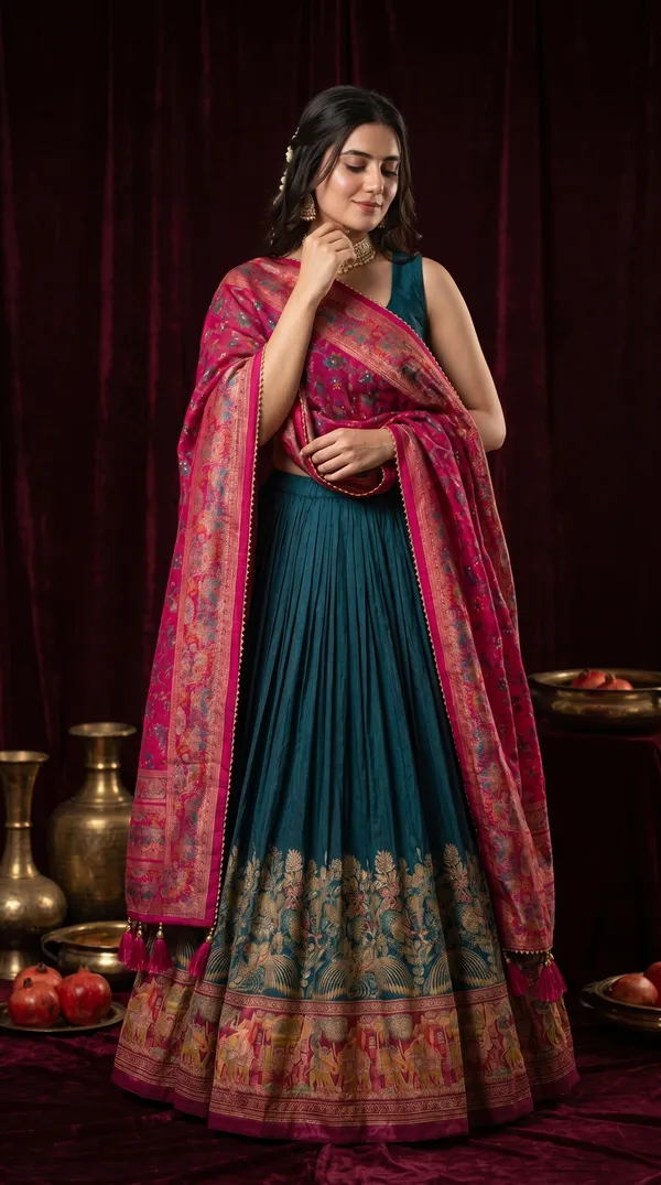Navy_Blue_Dola_Silk_Patola_Print_Foil_Work_Lehenga_Choli_For_Women