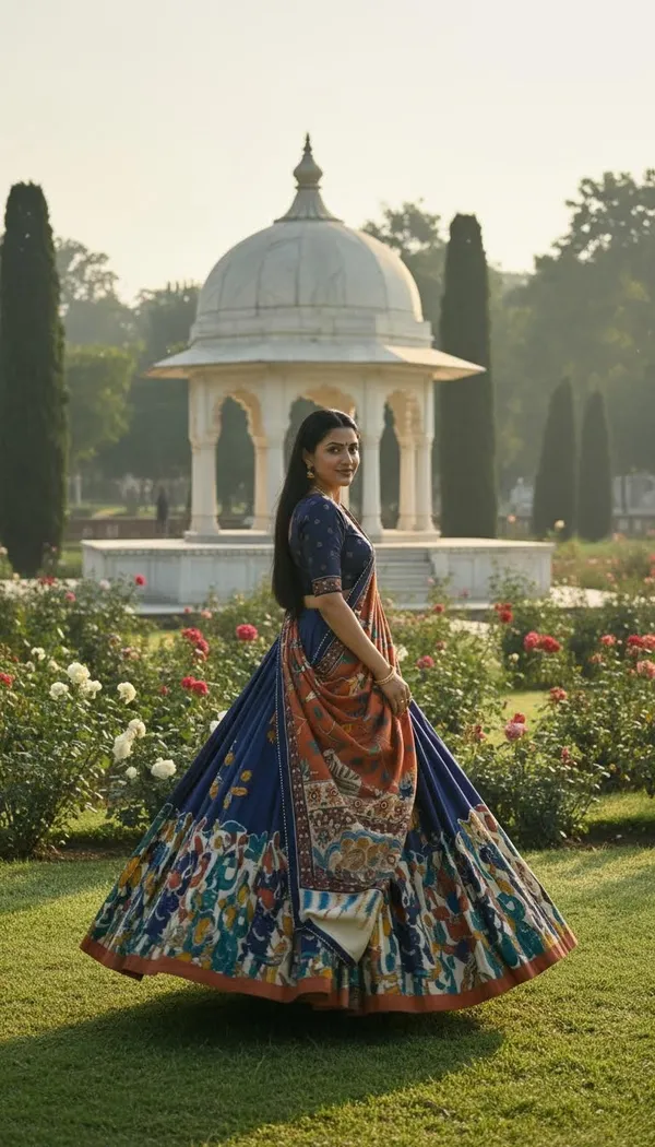 Navy_Blue_Dola_Silk_Patola_Print_Foil_Work_Lehenga_Choli_For_Women