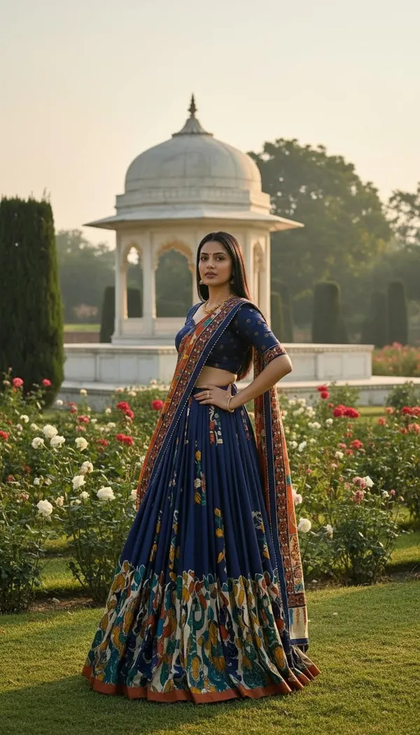 Navy_Blue_Dola_Silk_Patola_Print_Foil_Work_Lehenga_Choli_For_Women