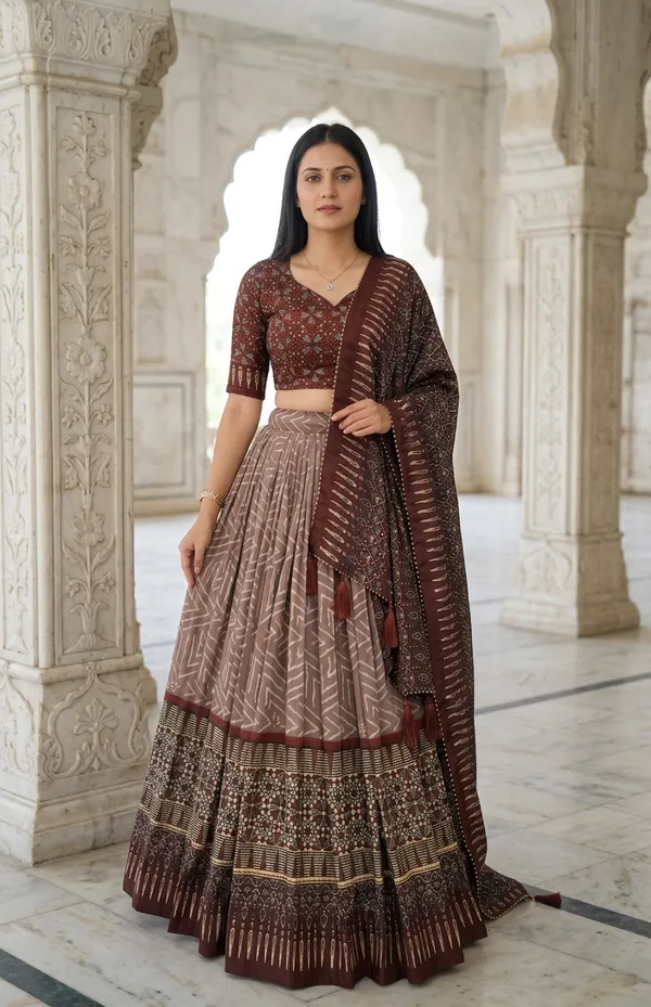 Brown_Dola_Silk_Patola_Foil_Print_Flared_Lehenga_Choli_For_Women
