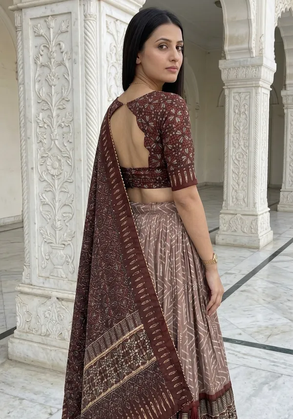 Brown_Dola_Silk_Patola_Foil_Print_Flared_Lehenga_Choli_For_Women