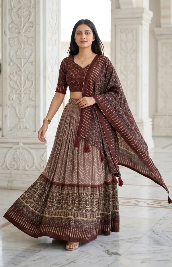 Brown_Dola_Silk_Patola_Foil_Print_Flared_Lehenga_Choli_For_Women