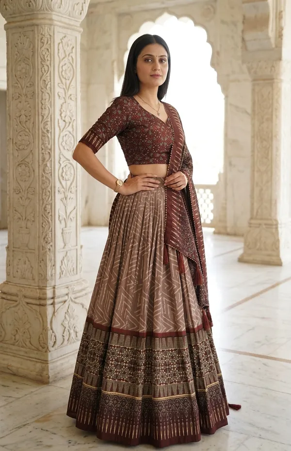 Brown_Dola_Silk_Patola_Foil_Print_Flared_Lehenga_Choli_For_Women