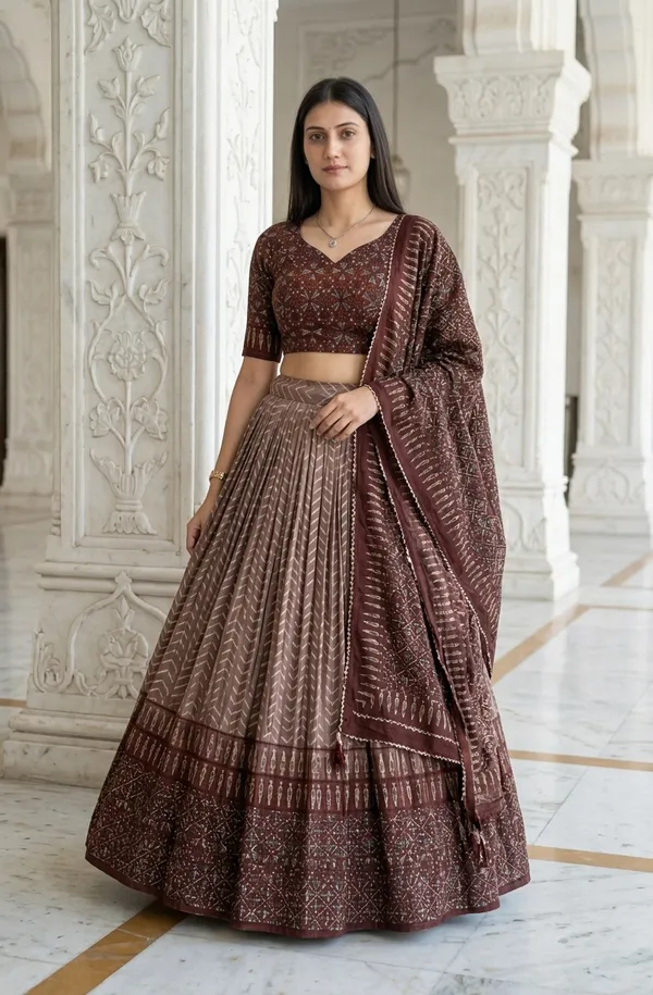 Brown_Dola_Silk_Patola_Foil_Print_Flared_Lehenga_Choli_For_Women