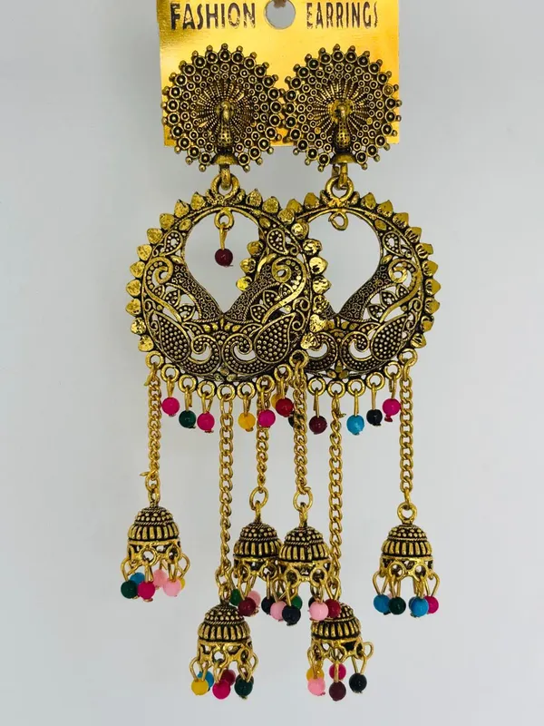 Antique_Gold_Peacock_Jhumka_Earrings_With_Colorful_Beads