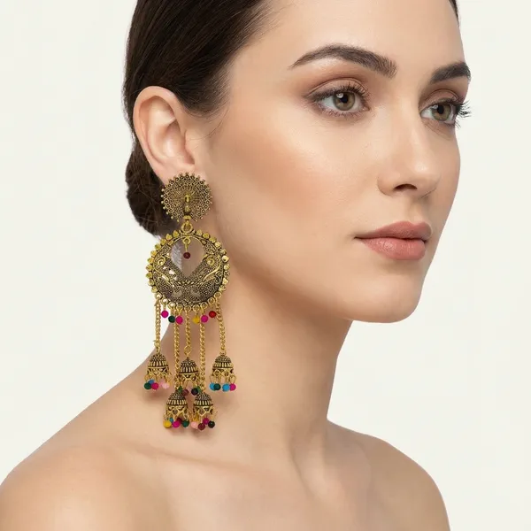 Antique_Gold_Peacock_Jhumka_Earrings_With_Colorful_Beads