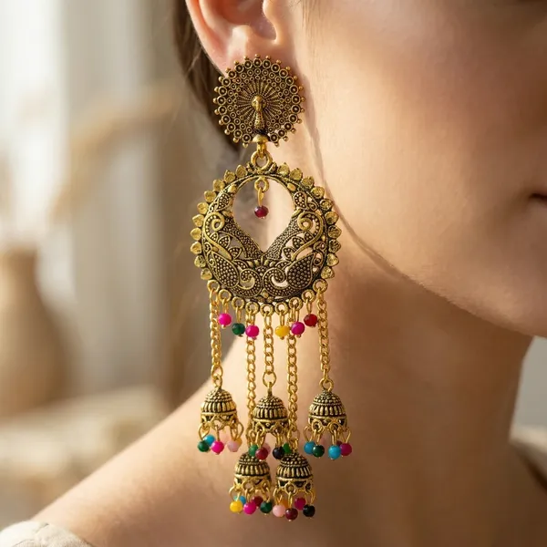Antique_Gold_Peacock_Jhumka_Earrings_With_Colorful_Beads