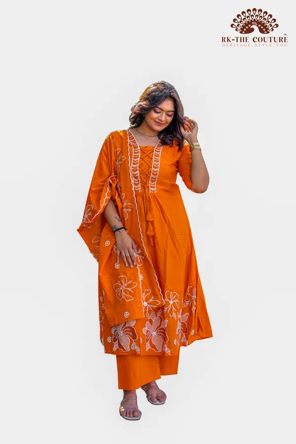 Orange_Hand_Embroidered_Floral_Chikankari_Dupatta_Set