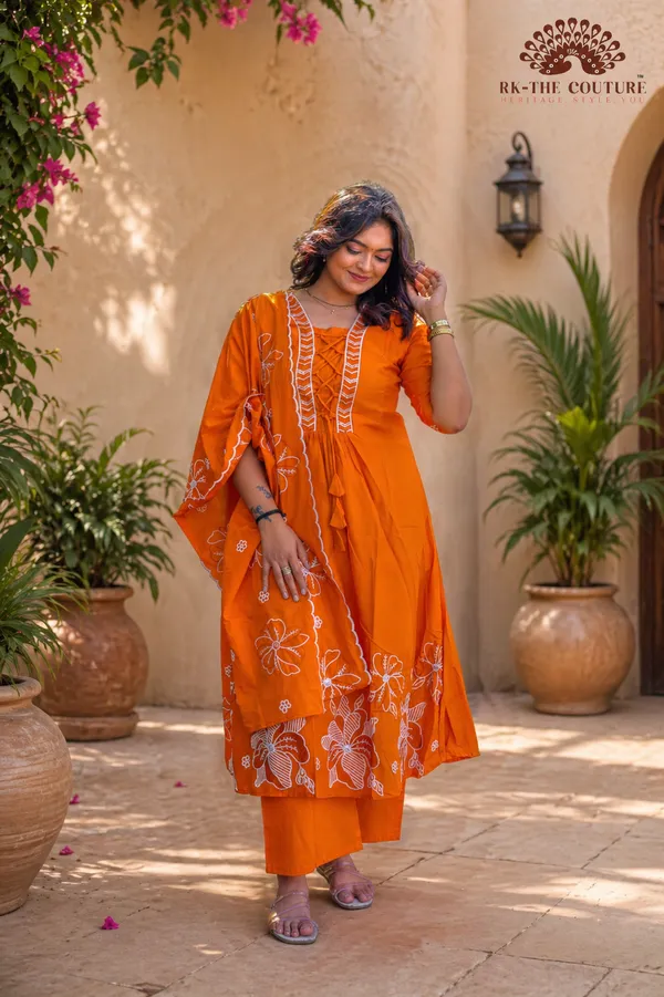 Orange_Hand_Embroidered_Floral_Chikankari_Dupatta_Set
