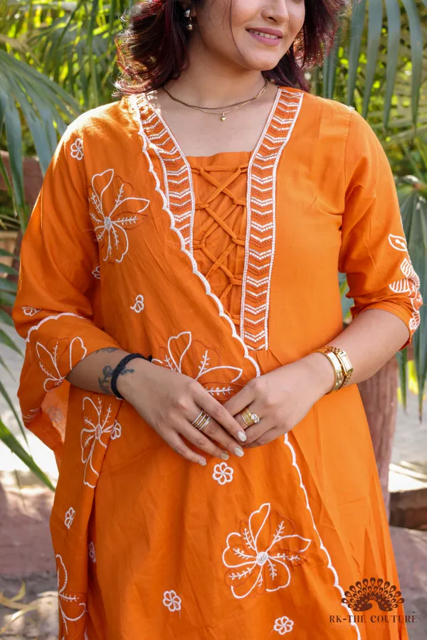 Orange_Hand_Embroidered_Floral_Chikankari_Dupatta_Set