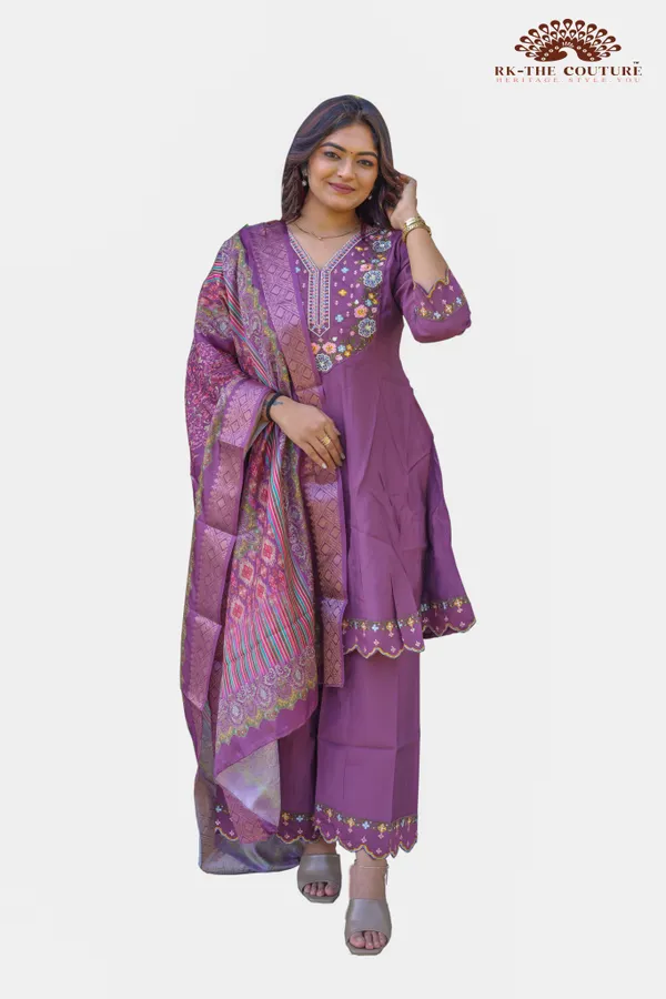 Purple_Embroidered_Cotton_Kurti_Set_With_Banarasi_Dupatta