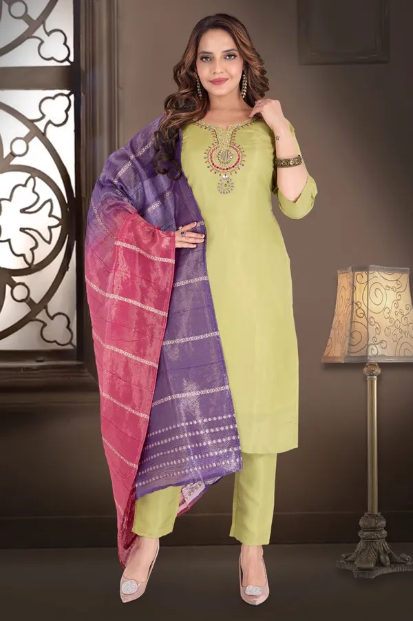 Lime_Green_Women_Cotton_Kurta_Set_With_Multicolor_Dupatta