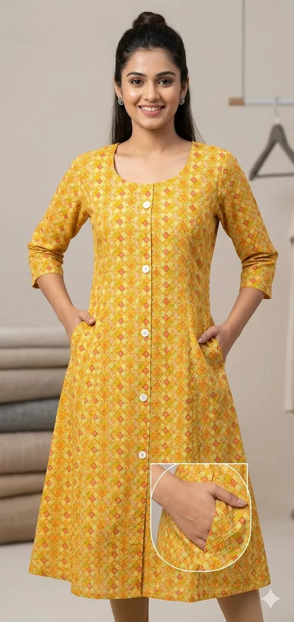 Yellow_Stylish_Printed_Button_Down_Dress_With_Pockets