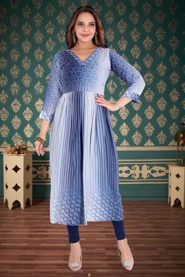 Blue_Gradient_Polka_Dot_Pleated_Anarkali_Kurta_With_Empire_Waist