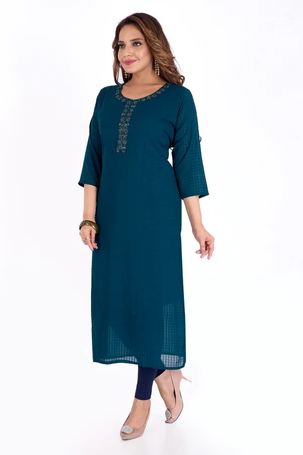 Teal_Blue_Embroidered_Kurta_For_Women