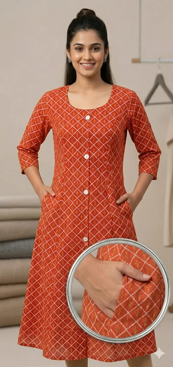Orange_Checkered_Cotton_Kurti_With_Front_Button_Closure_And_Pockets