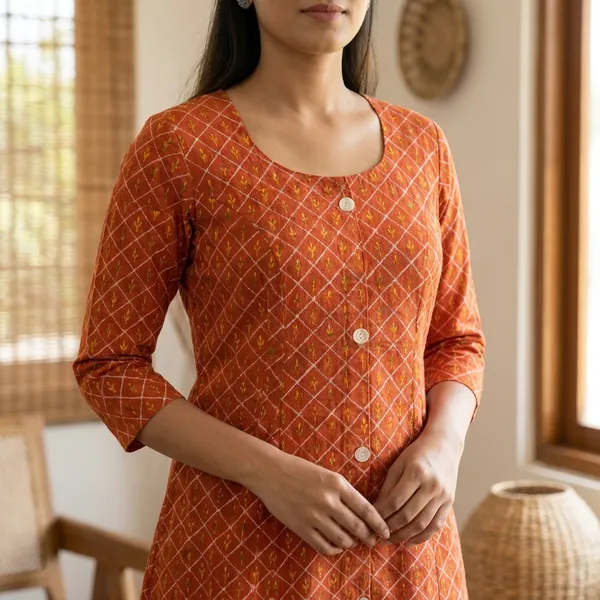 Orange_Checkered_Cotton_Kurti_With_Front_Button_Closure_And_Pockets
