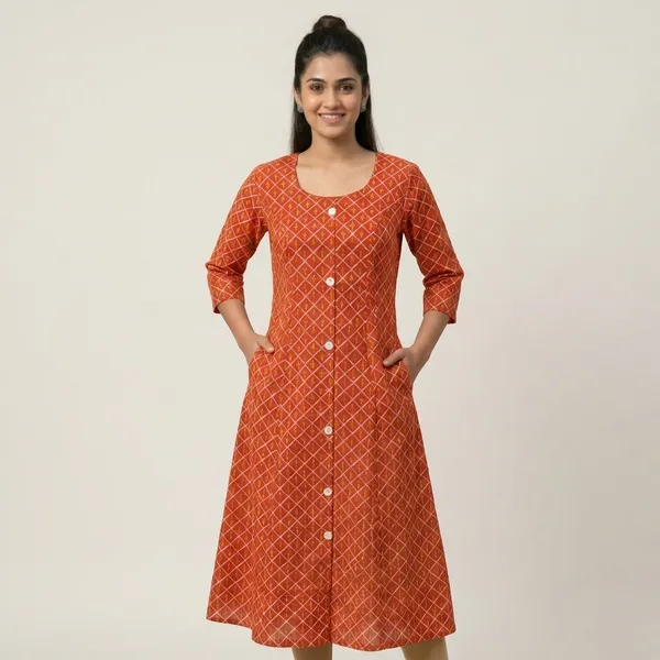 Orange_Checkered_Cotton_Kurti_With_Front_Button_Closure_And_Pockets