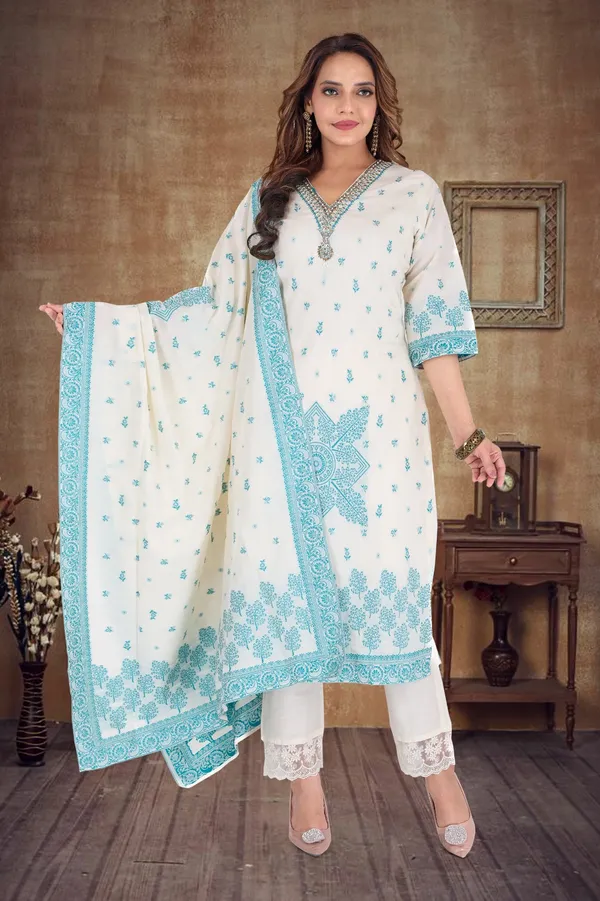 Off_White_And_Turquoise_Printed_Salwar_Suit_Set_With_Dupatta