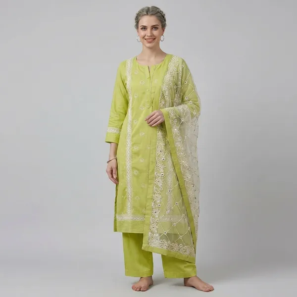 Lime_Green_Women_Embroidered_Cotton_Kurta_Set_With_Dupatta